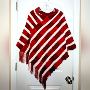 Striped Red and White Women's Christmas Sweater Poncho Size S